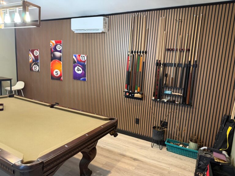 Finished recreation room renovation project completed by Manova Services in New Jersey